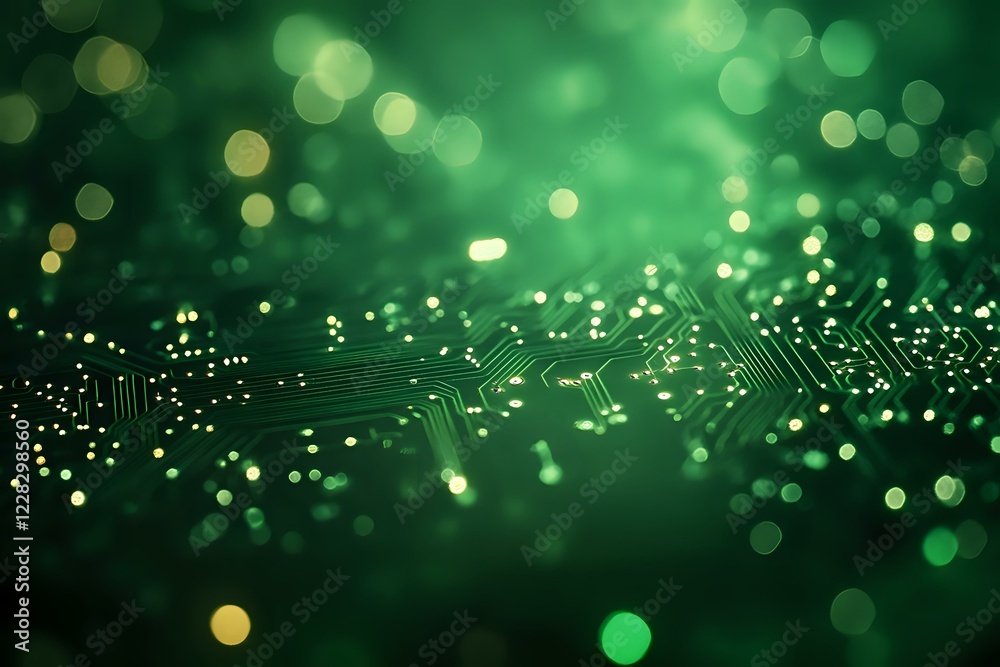 Poster circuit board pattern with glowing green bokeh lights and electronic pathways creating futuristic te