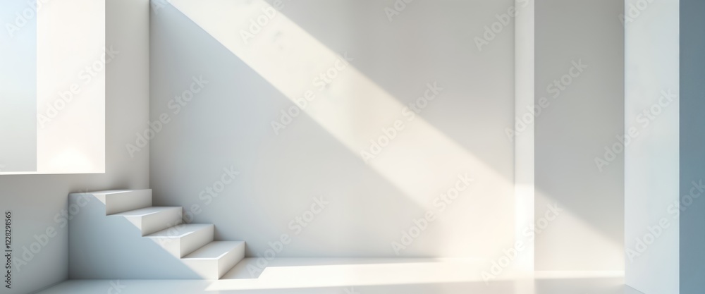 Fototapete white empty room with stairs. sunlight casts shadows on white walls. modern minimalist interior desi