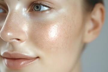 Fototapeta premium Close up of young Caucasian woman with natural freckles, glowing dewy skin, and bright blue eyes showing fresh natural makeup look for beauty and skincare advertising.