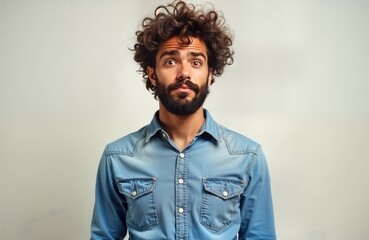 Young man with curly hair and beard poses for photo. He wears a denim shirt and makes a funny face. Studio portrait of a casual man. Light gray background. Attractive and photogenic.