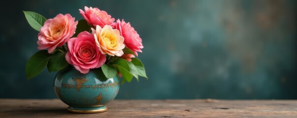 Beautiful blooms in antique ceramic container , blue, red, antique