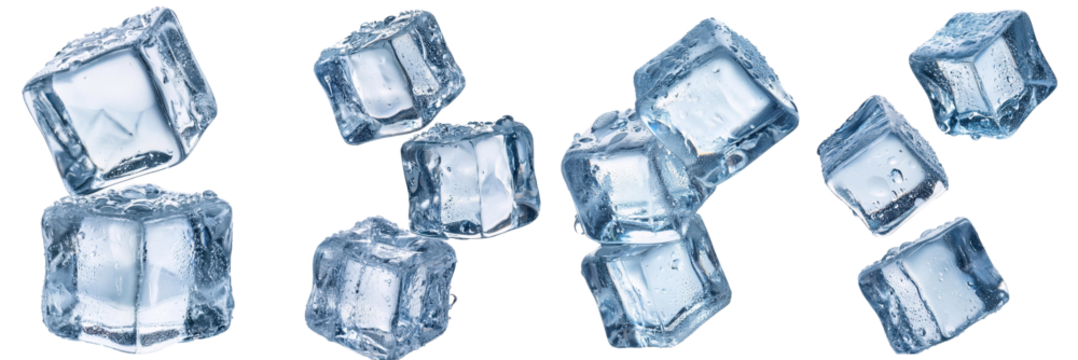 Ice cubes rotating on transparent background with water droplets