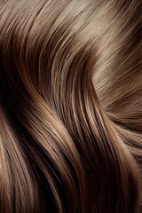Fototapeta premium Close-up of wavy brown and blonde hair strands showing natural highlights and texture, creating flowing curves and patterns for beauty and fashion industry use.