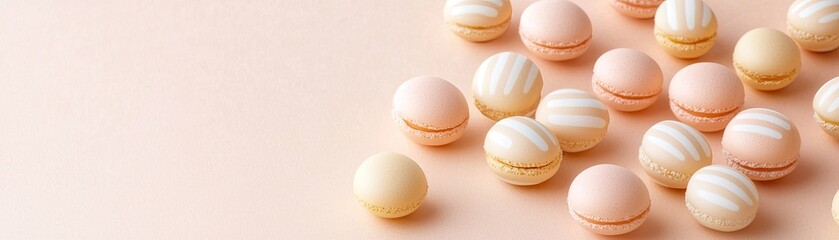Obraz premium Delicate pastel macarons arranged on a soft peach background perfect for creative culinary presentation