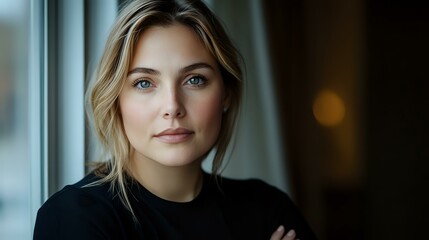 Fototapeta premium Young blonde woman with blue eyes wearing black top poses near window with soft natural lighting and blurred background creating atmospheric portrait.