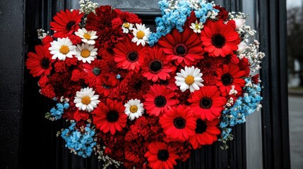 Heart-shaped floral arrangement with red, white, and blue flowers on dark background