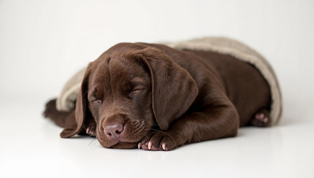Adorable chocholate Labrador Puppy Resting on Blanket with Closed Eyes