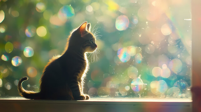 A kitten sitting on a window ledge with a bokeh effect backdrop of a verdant garden, capturing sunlight and refracting it into rainbow patterns. Rainbow Ridge. Illustration