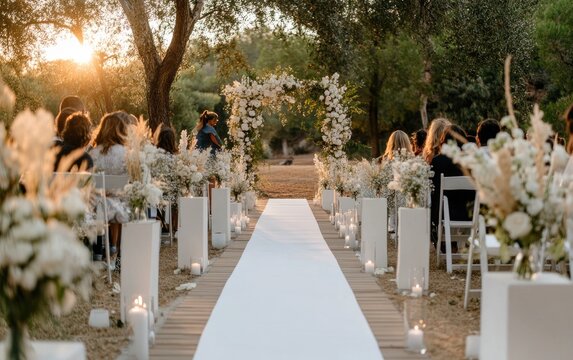 A serene outdoor wedding is taking place as the sun sets. The aisle is adorned with floral arrangements and candles, while guests are seated, eagerly awaiting the ceremony to begin