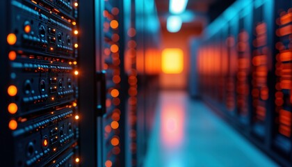 Close-up view of server racks in data center. Orange, blue lights illuminate tech infrastructure. Modern tech design, futuristic innovation evident. High-tech equipment reflects energy of data