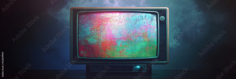 Poster Retro television screen displaying colorful glitch patterns and static noise in a dimly lit room. Generative AI