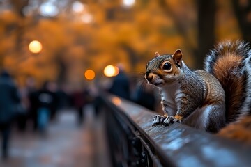 Obraz premium Gray squirrel sitting on park bench at dusk with blurred bokeh lights and autumn colors in background, urban wildlife photography in city park setting.