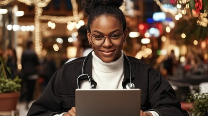 Young african female doctor working on tablet in festive setting