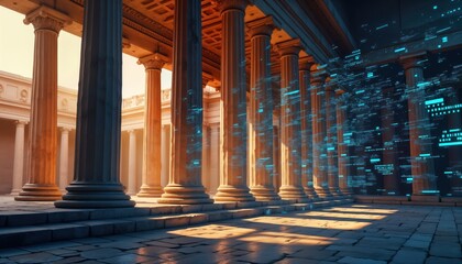 Ancient banking institution merges with modern tech. Smart contracts, AI financial advisors operate within historic architecture. Digital data streams swirl around columns. Futuristic financial