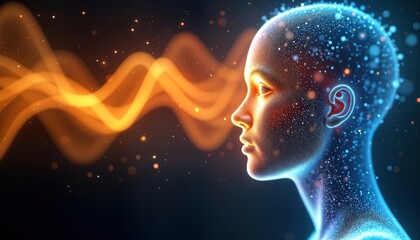 Abstract illustration shows human head profile glowing with blue, orange energy. Energetic waves surround figure. Energy flows around, through head. Digital design concept for holistic health,