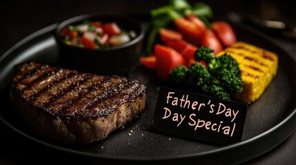 Grilled steak with vegetables and father's day special sign on black plate