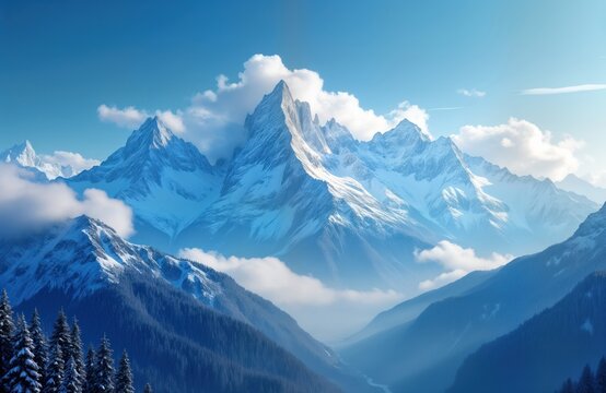 Majestic snowy mountain range. Vast landscape with snow-capped peaks and cloudy sky. Winter scenery at dawn. Dense forests are at base. Cold weather. A stunning high-altitude alpine panorama.