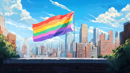A rainbow flag is on a ledge in a city. Rainbow Ridge. Illustration