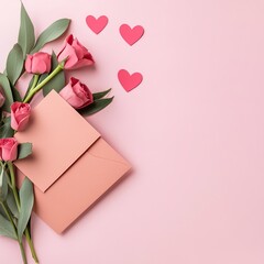 Romantic arrangement of pink roses with envelope and heart shapes on soft pink background for love celebration
