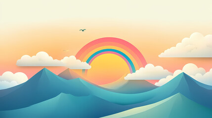 A serene mountain landscape with a rainbow emerging from clouds at sunset. Rainbow Ridge. Illustration