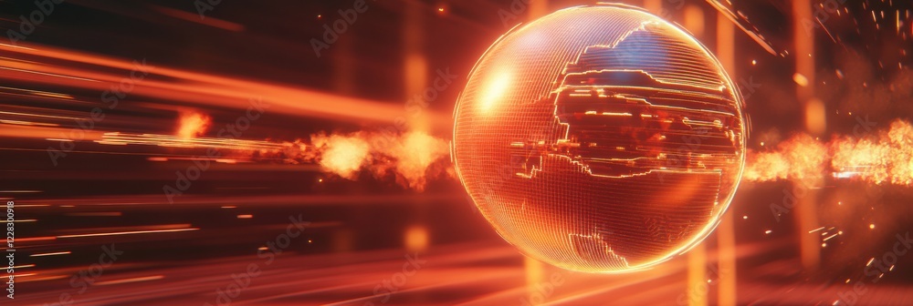 Poster glowing globe spinning with energetic contours, creating a dynamic visual display of the world. gene