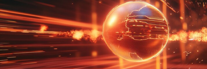 Glowing globe spinning with energetic contours, creating a dynamic visual display of the world. Generative AI