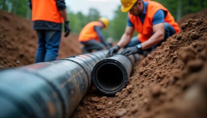 Construction workers laying underground pipes in trench. Innovative trenchless tech method uses large dark pipes. Process efficient, eco-friendly. Site well-maintained. Focus on safe, high-quality