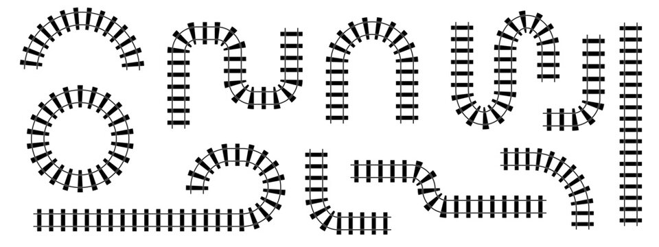 Railway Train Track Vector Illustration. Circular and Straight Rail Patterns PNG