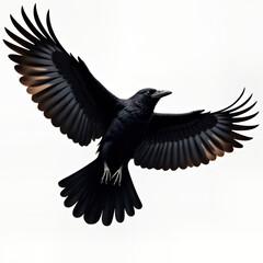 Fototapeta premium Majestic black raven soars freely in air. Elegant bird in flight with outstretched wings. Photorealistic illustration powerful, mysterious avian creature. Wildlife-themed cutout design isolated on