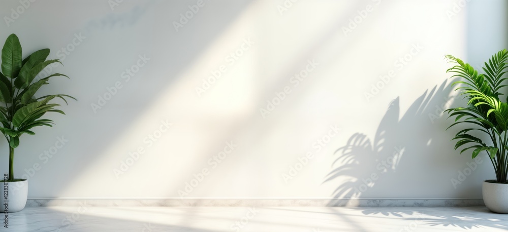 Aufkleber empty modern room with sunlight shadows on white wall. green plants in pots sit in corners. marble f