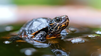 Fototapeta premium Baby turtle swimming in dark water with reflection, close-up view showing detailed shell pattern and head markings against blurred natural background.