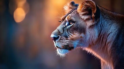 Female lioness profile against blurred warm sunset background, dramatic side view portrait showing detailed facial features and whiskers in golden evening light.