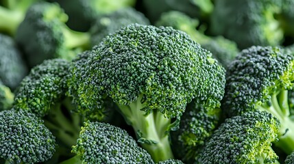 Fresh raw broccoli florets macro view. Green organic vegetables background with detailed texture and natural pattern for healthy eating concept.
