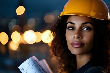 African American female construction engineer in yellow hard hat holding blueprints at dusk, with blurred city lights creating atmospheric bokeh background.