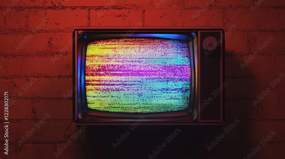 Aufkleber Retro television displaying vibrant static noise and colorful glitch patterns against a brick wall in dim lighting. Generative AI