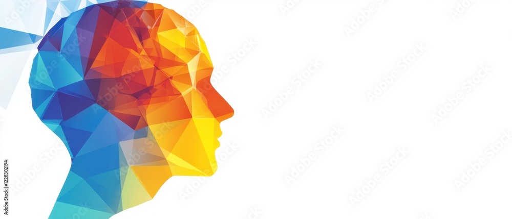 Fototapete abstract human brain made of colorful low-poly shapes on a white background with copy space for your