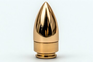 Golden metallic bullet isolated on white background, featuring sleek aerodynamic design and polished brass finish. Suitable for military, defense, and security concepts.