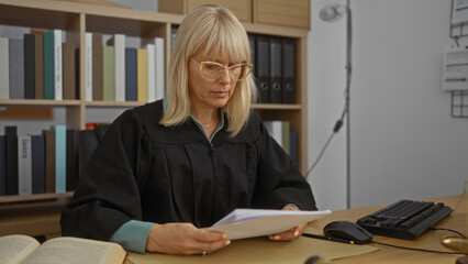 Blonde woman judge in black robe reading documents at office desk in a well-organized interior with...