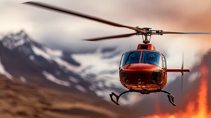 Fototapeta na wymiar Helicopter rescue mission over snowy mountains and wildfire