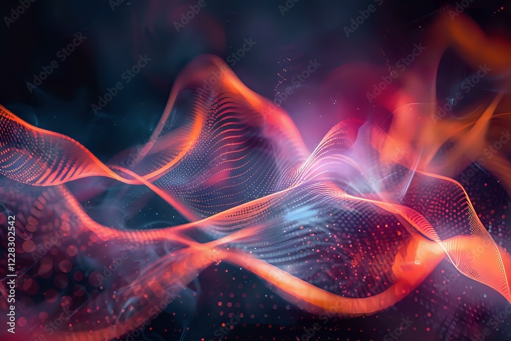 Poster abstract flowing waves with glowing red and blue particles creating dynamic motion against dark back