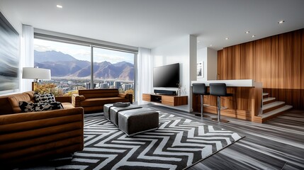 Modern living room with mountain view, stylish furniture, and cozy atmosphere, ideal for relaxation