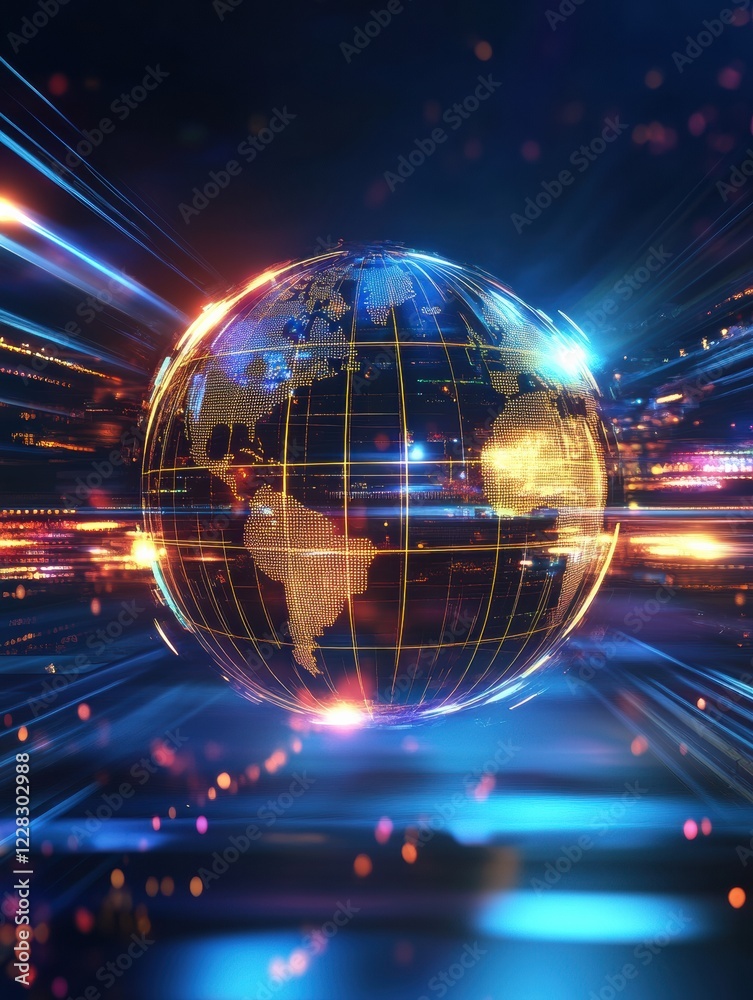 Poster spinning globe with glowing contour lines illustrates the beauty of earth in a digital universe. gen
