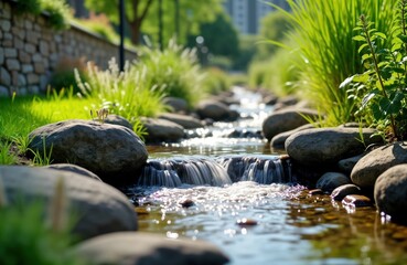 Small stream flows between rocks in urban park. Water cascades gently over stones. Green plants, grass line banks. Peaceful, eco-friendly urban setting. Sustainable urban design. Resilient climate.
