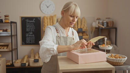 Mature woman in indoor bakery shop preparing a pink box surrounded by bread and baked goods