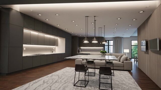 A stunning 3D rendering of a modern duplex apartment with an open-concept living space seamlessly blending into a sleek, high-end kitchen.