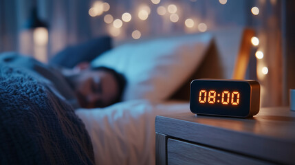 Digital alarm clock displaying 8,00 am, sitting on wooden nightstand near blurred sleeping person, soft string lights enhancing bedroom's warm, tranquil ambiance