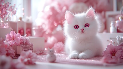 Pink flowers, cute white kitten, home decor, spring