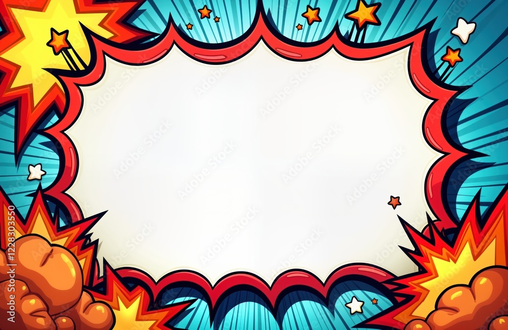 Poster colorful comic book style frame with vibrant explosions, white center. frame outlined with bright re