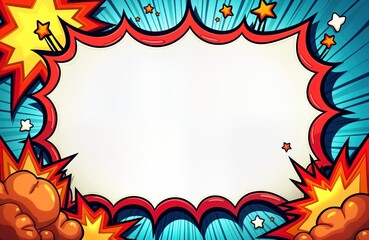Colorful comic book style frame with vibrant explosions, white center. Frame outlined with bright red, bordered by variety of fun shapes. Suitable for playful poster graphic design element. Ideal for
