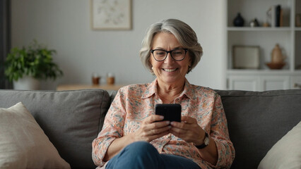 Happy middle aged older woman using smartphone sitting on couch at home. Smiling mature lady holding cellphone
